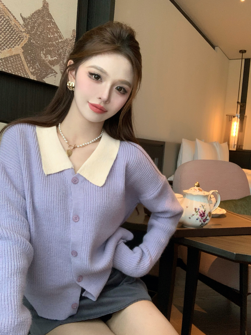 實拍 溫柔風紫色娃娃領針織開衫女秋法式軟糯寬鬆上衣設計感毛衣
