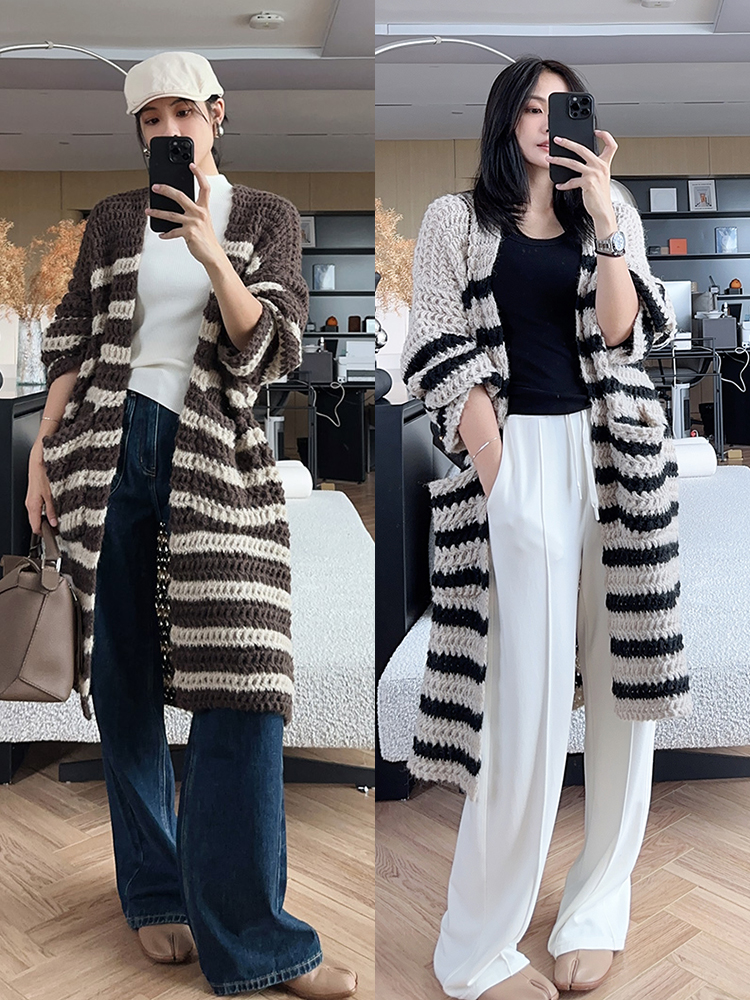 Meiyang Zebra Knitted Cardigan 1.5-needle Wool Blended Striped Lazy Long Short Sweater Women's Autumn and Winter New Style