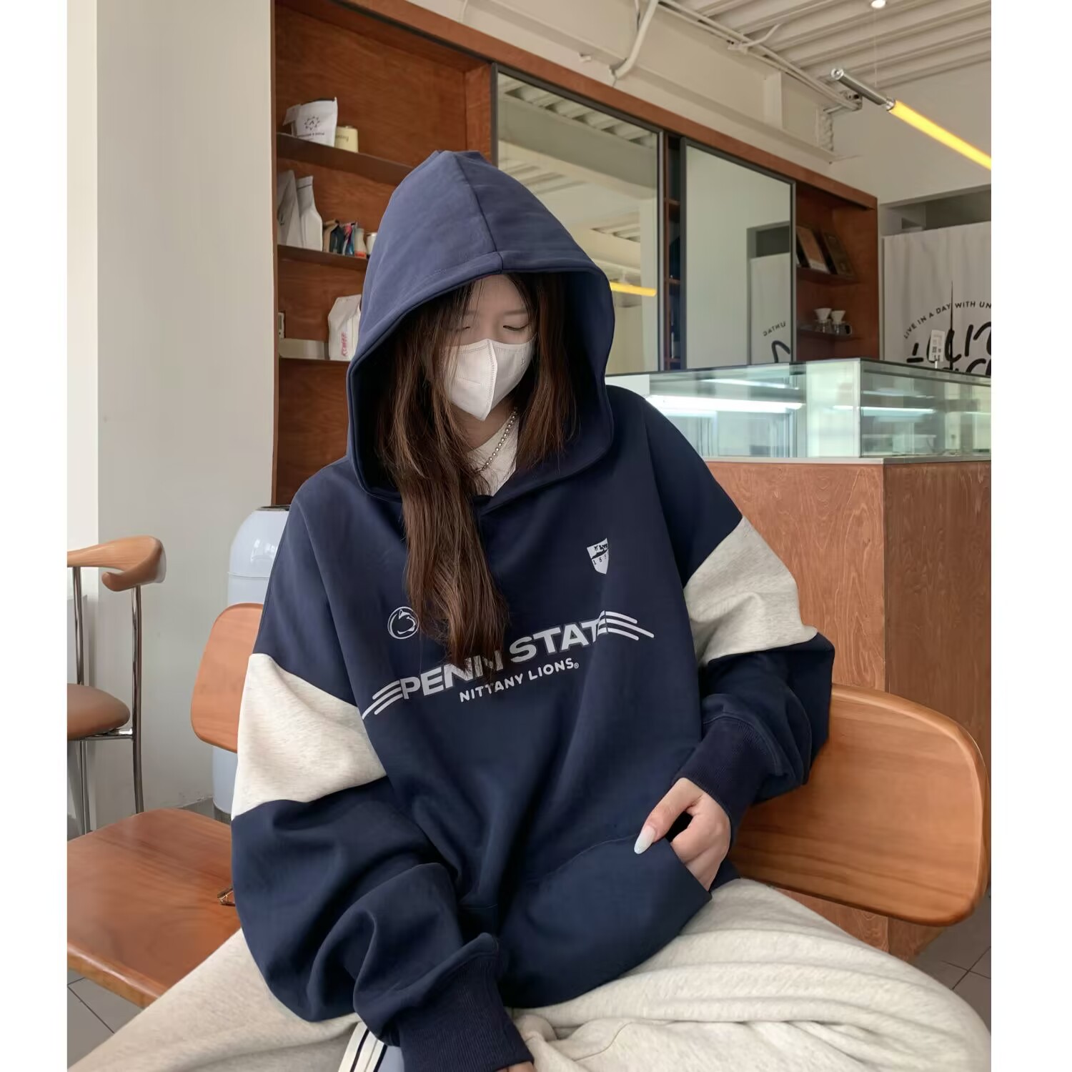 衛衣女拼接字母連帽套頭外套oversize寬鬆慵懶拼接設計感情侶上衣