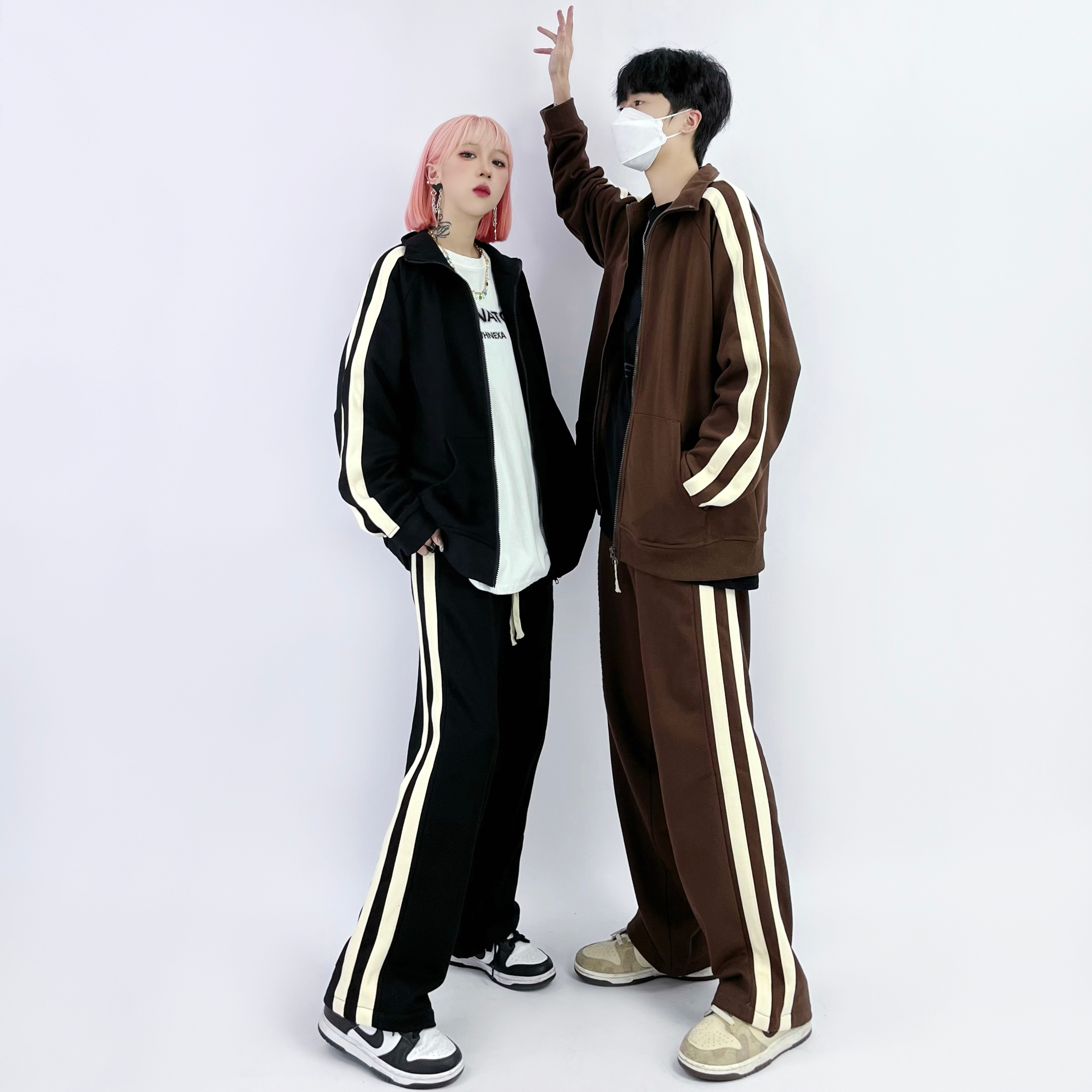 ins American autumn and winter lazy suit striped splicing casual sports loose two-piece suit
