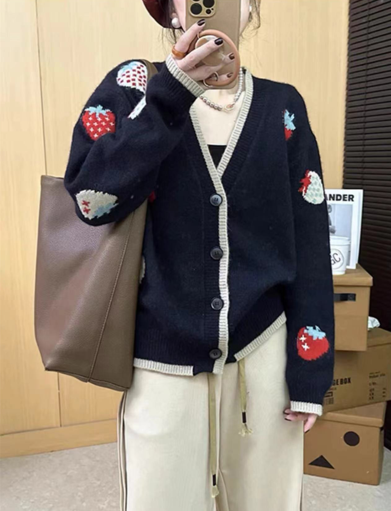 歐洲站拼色v領慵懶風毛衣開衫秋季氣質單排扣羊毛針織衫洋氣上衣