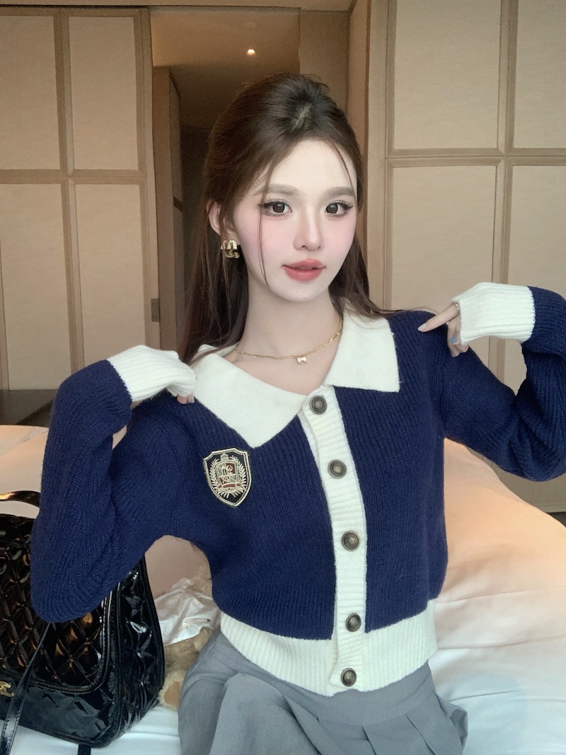 實拍 日系慵懶復古撞色拼接POLO領毛衣秋冬女套頭長袖軟糯上衣