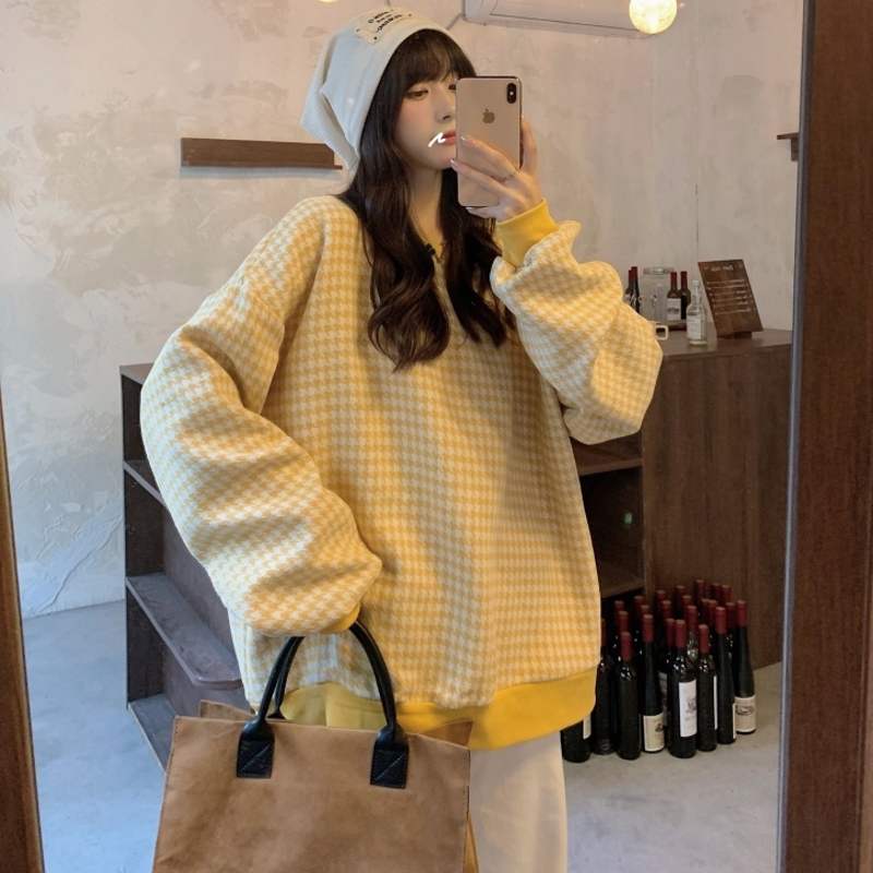 實拍  複合320g 秋冬裝 加絨加厚衛衣女寬鬆千鳥格