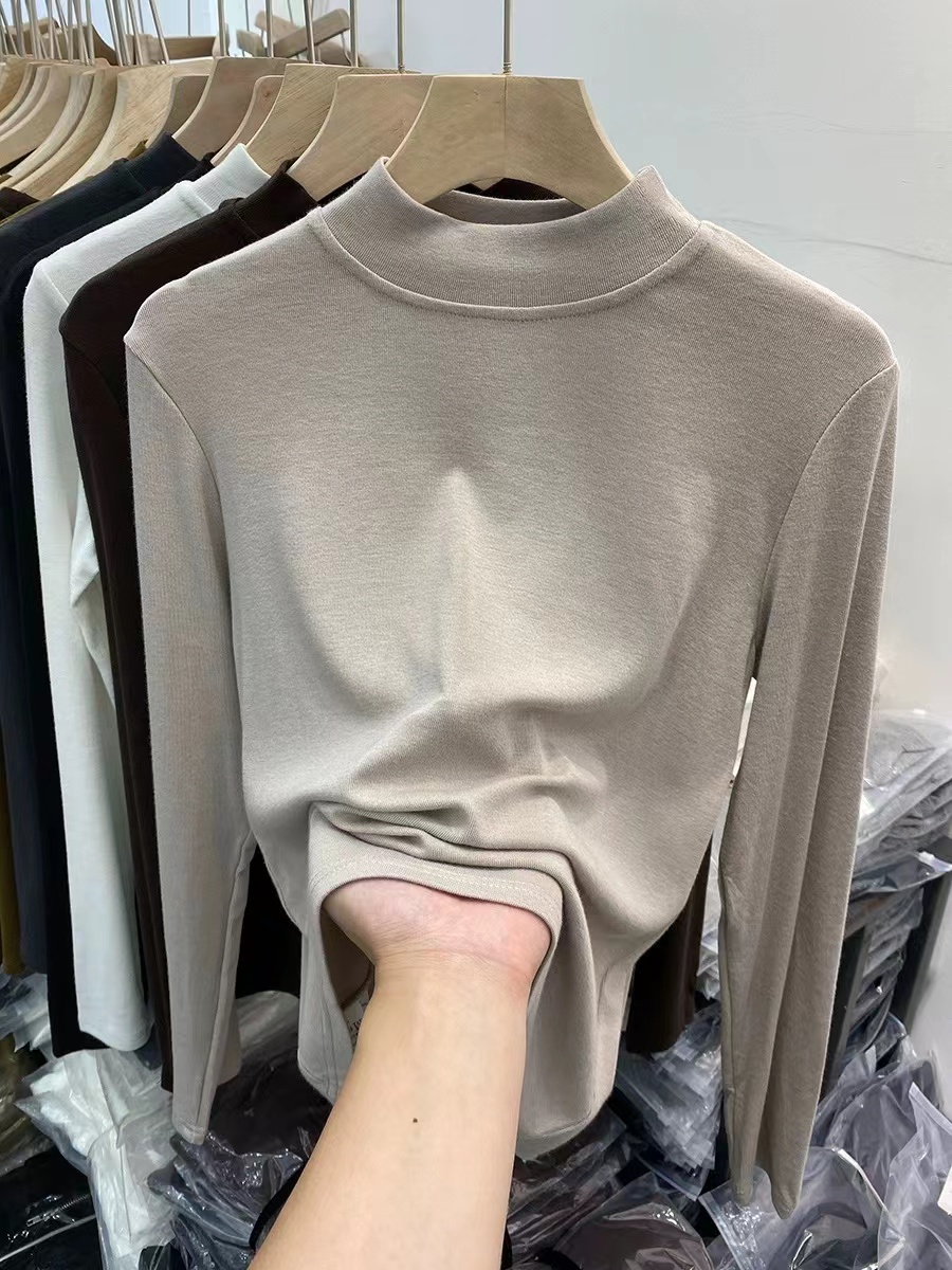 Half turtleneck bottoming shirt for women, spring and autumn new round neck long-sleeved T-shirt, stylish slim fit ins white top