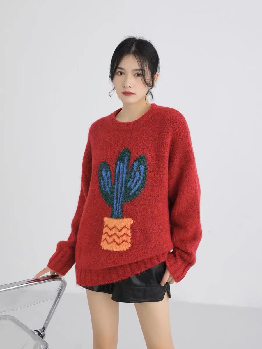 歐洲站2023秋季新款圓領韓國重工刺繡卡通針織羊毛套頭毛衫女