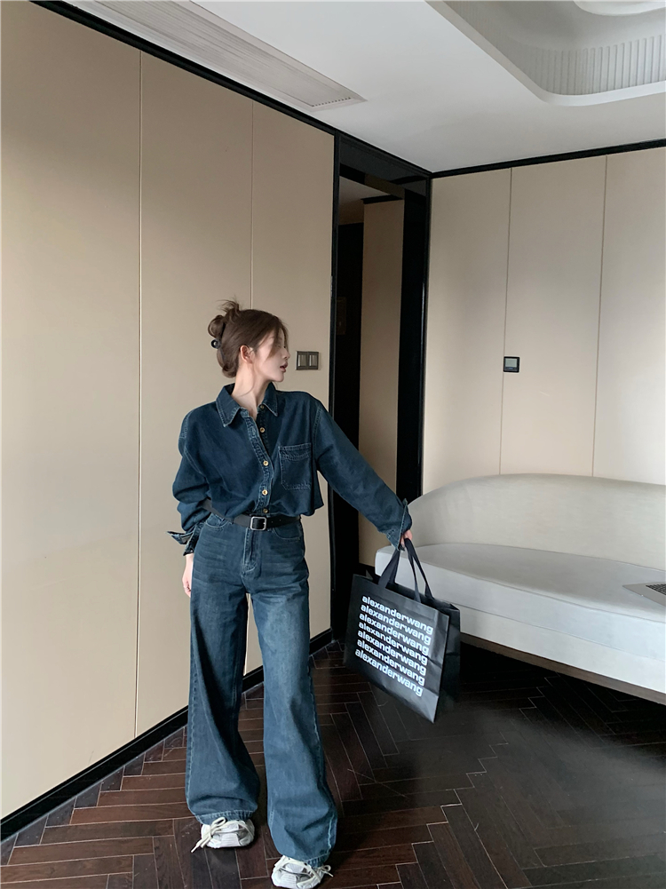 Real shot!  Retro fashion polo collar denim shirt and denim trousers two-piece suit