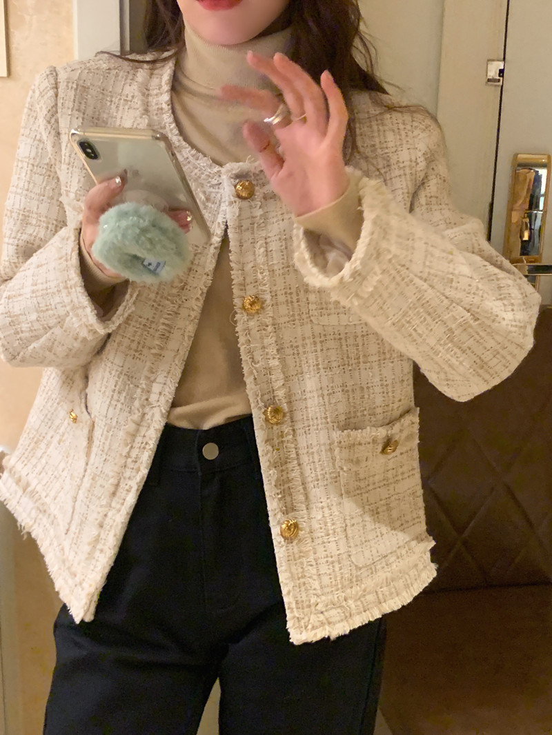 實拍 法式小香風 粗花呢編織流蘇邊單排扣短款外套上衣