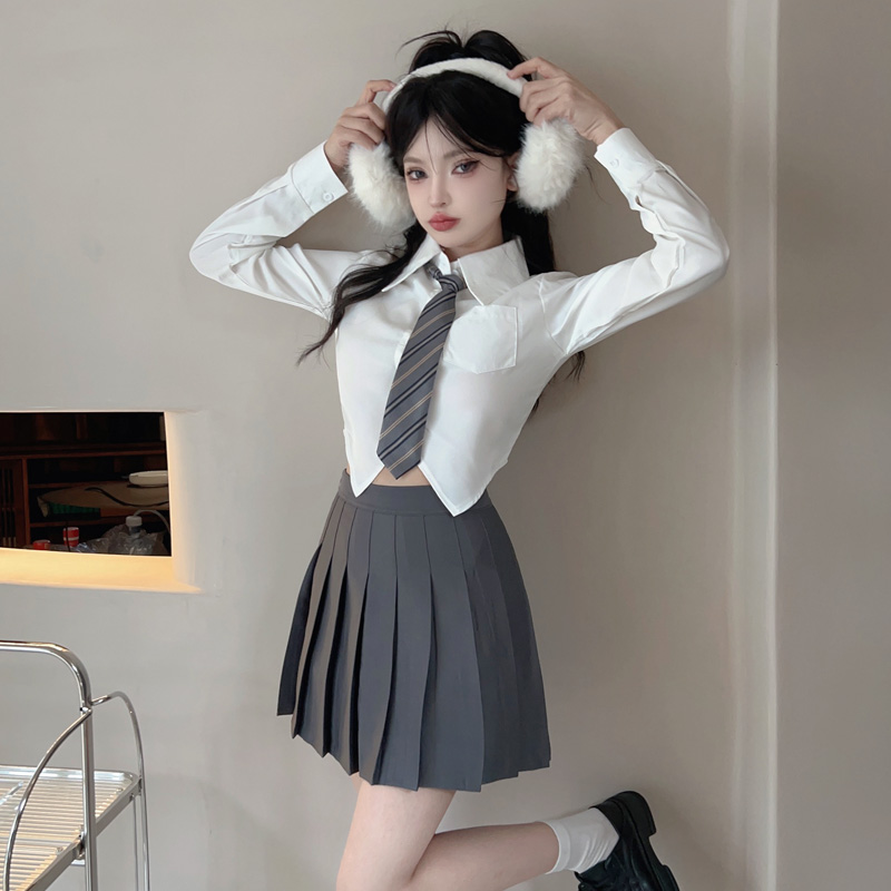 白色長袖襯衫女秋季短款收腰領帶jk襯衣+半身裙學院風兩件套裝
