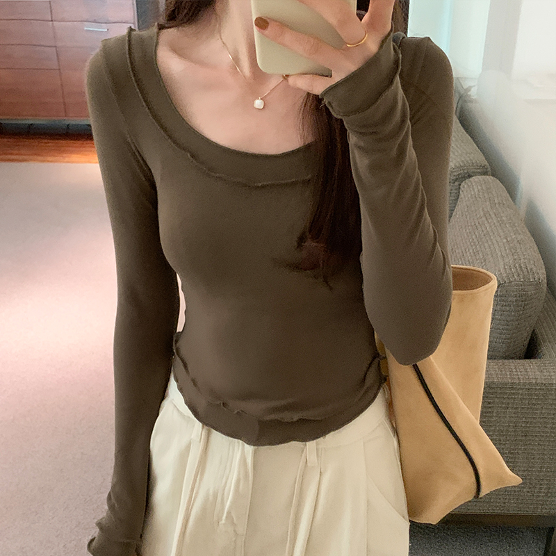實拍圖弧形下擺U領長袖T恤女入秋季設計感純色修身顯瘦短款上衣