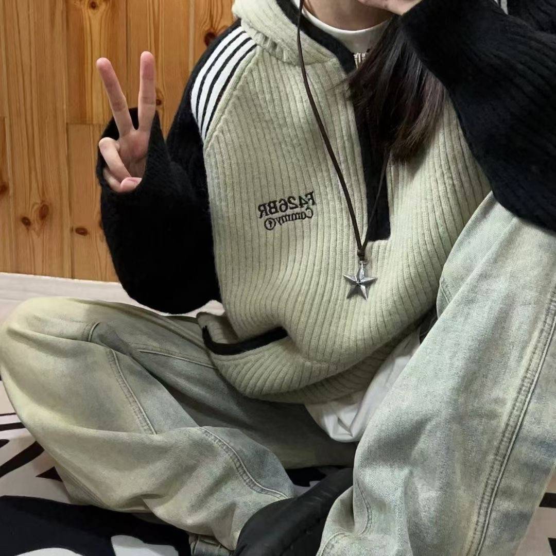 秋冬季拼條連帽毛衣女綠色插肩袖撞色簡約國潮牌高級感時髦上衣潮