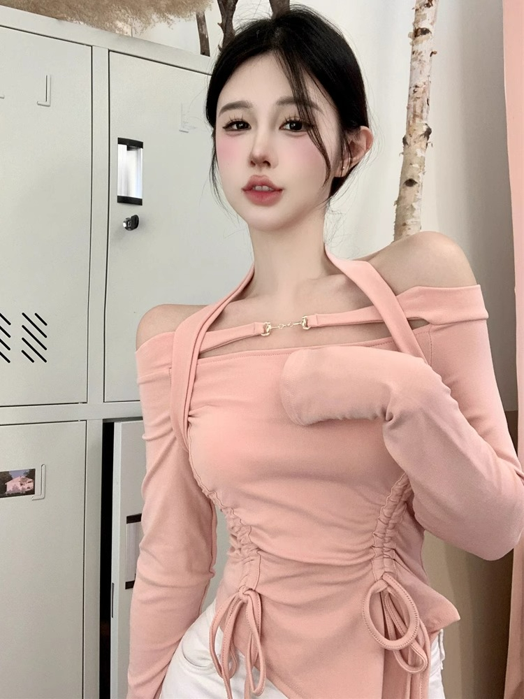 2023韓版純欲風性感掛脖長袖打底辣妹子時尚顯瘦設計感秋冬上衣