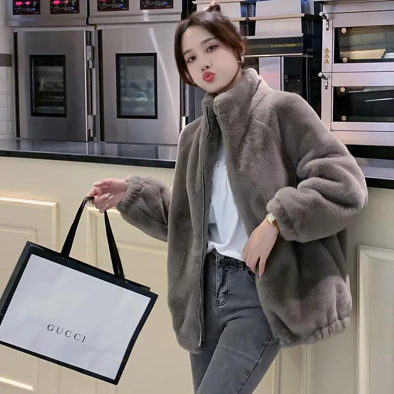 Imitation mink fur coat for women autumn and winter 2023 new style stand-up collar fashionable cotton thickened warm lamb plush coat