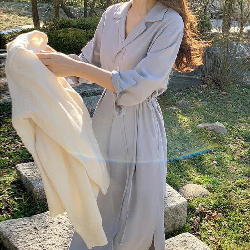 韓國chic極簡主義 百搭翻領單排扣系帶收腰下擺開叉襯衫連衣裙女