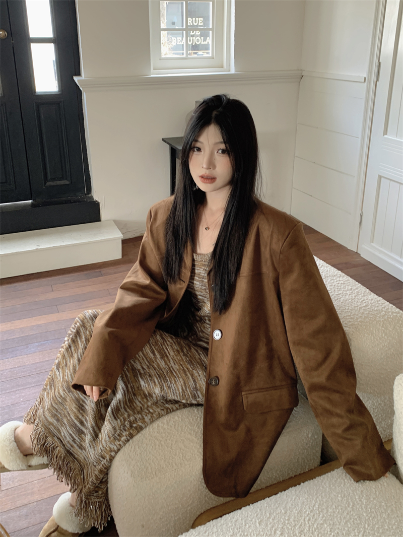 實拍：美拉德復古鹿皮絨西裝外套+混紡顯瘦流蘇毛衣連衣裙