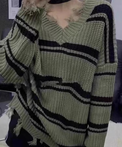 New autumn and winter Korean style retro loose V-neck raw edge fringed hole lazy style striped knitted sweater for women