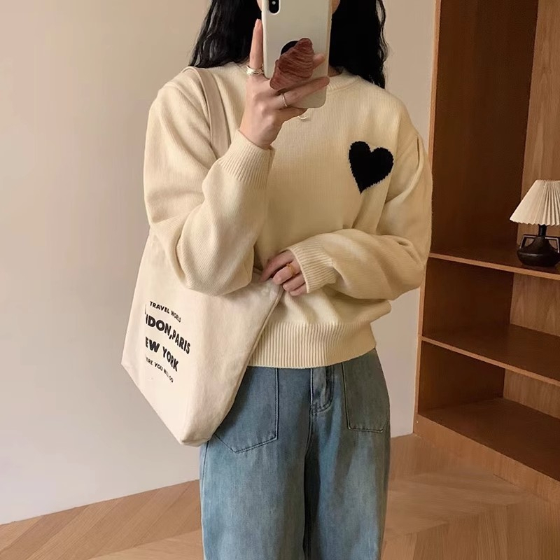 Designed love soft waxy round neck pullover sweater autumn 2023 new style lazy style loose casual sweater