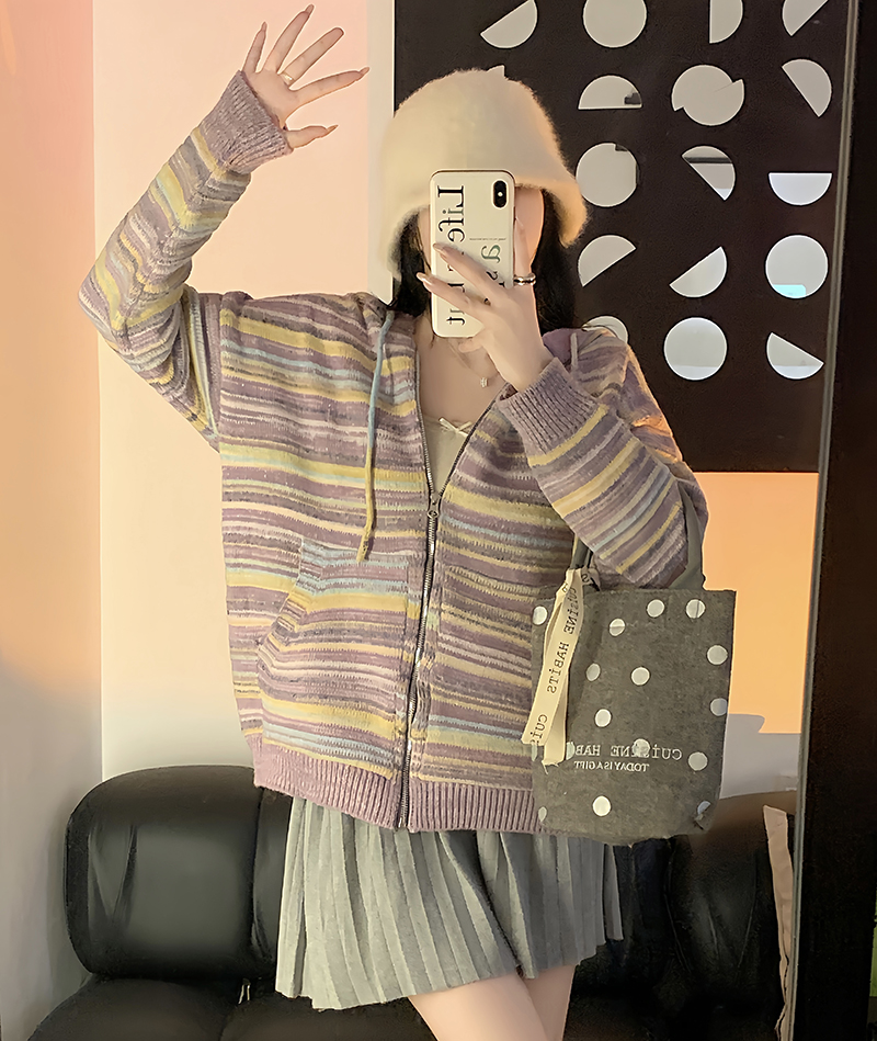 實拍彩色條紋連帽拉鏈針織開衫外套撞色毛衣女長袖寬鬆上衣秋