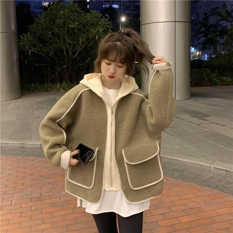 加厚加絨連帽撞色羊羔毛外套女秋冬百搭韓版寬鬆搖粒絨上衣潮ins