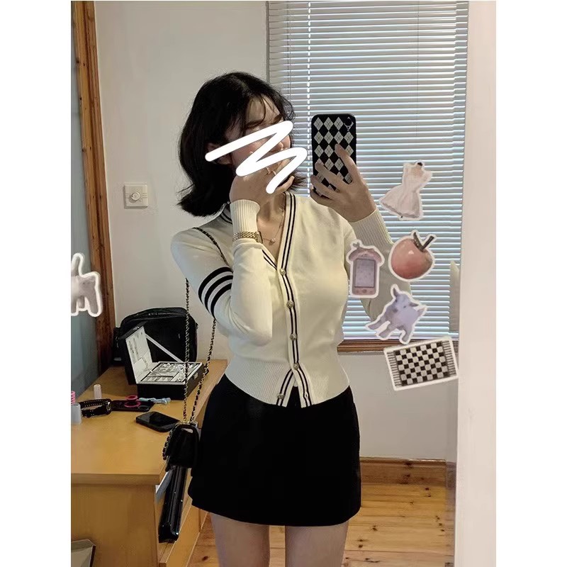 Korean style design contrasting color thin style slimming niche temperament college style V-neck knitted cardigan top