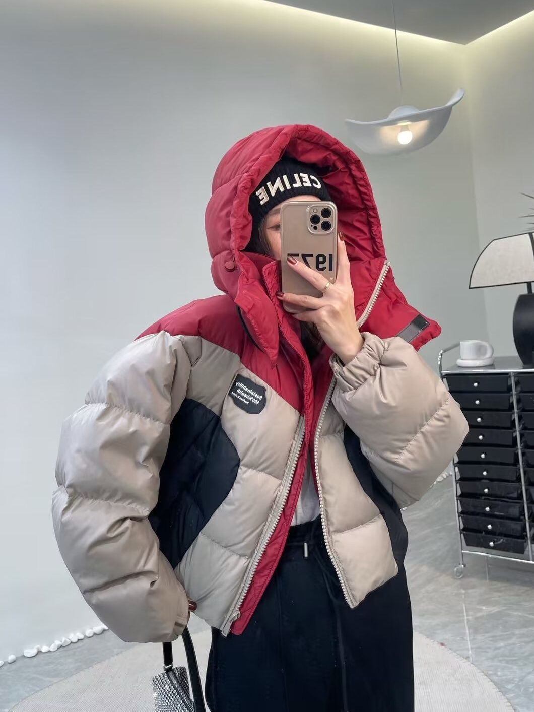 European contrasting color stand-up collar hooded down jacket for women, short style 2023 winter new design small man jacket