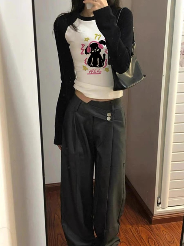 美式插肩撞色長袖t恤女秋季正肩短款辣妹設計感小眾修身打底上衣