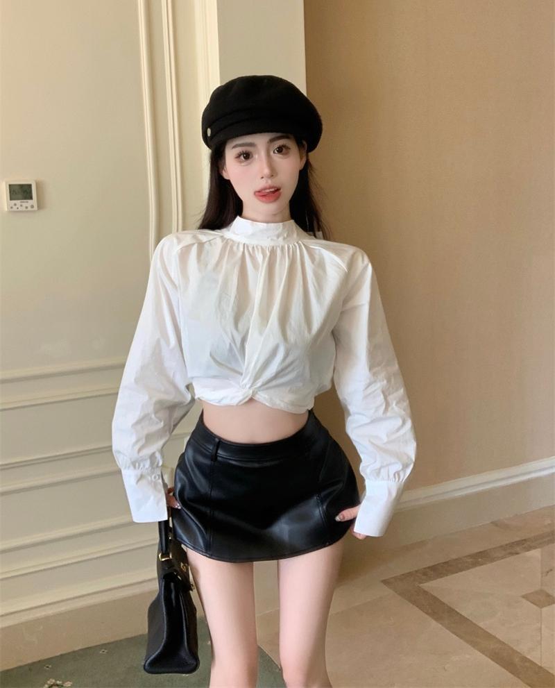 實拍 純欲辣妹設計感扭結收腰短款泡泡袖白色襯衫上衣長袖女