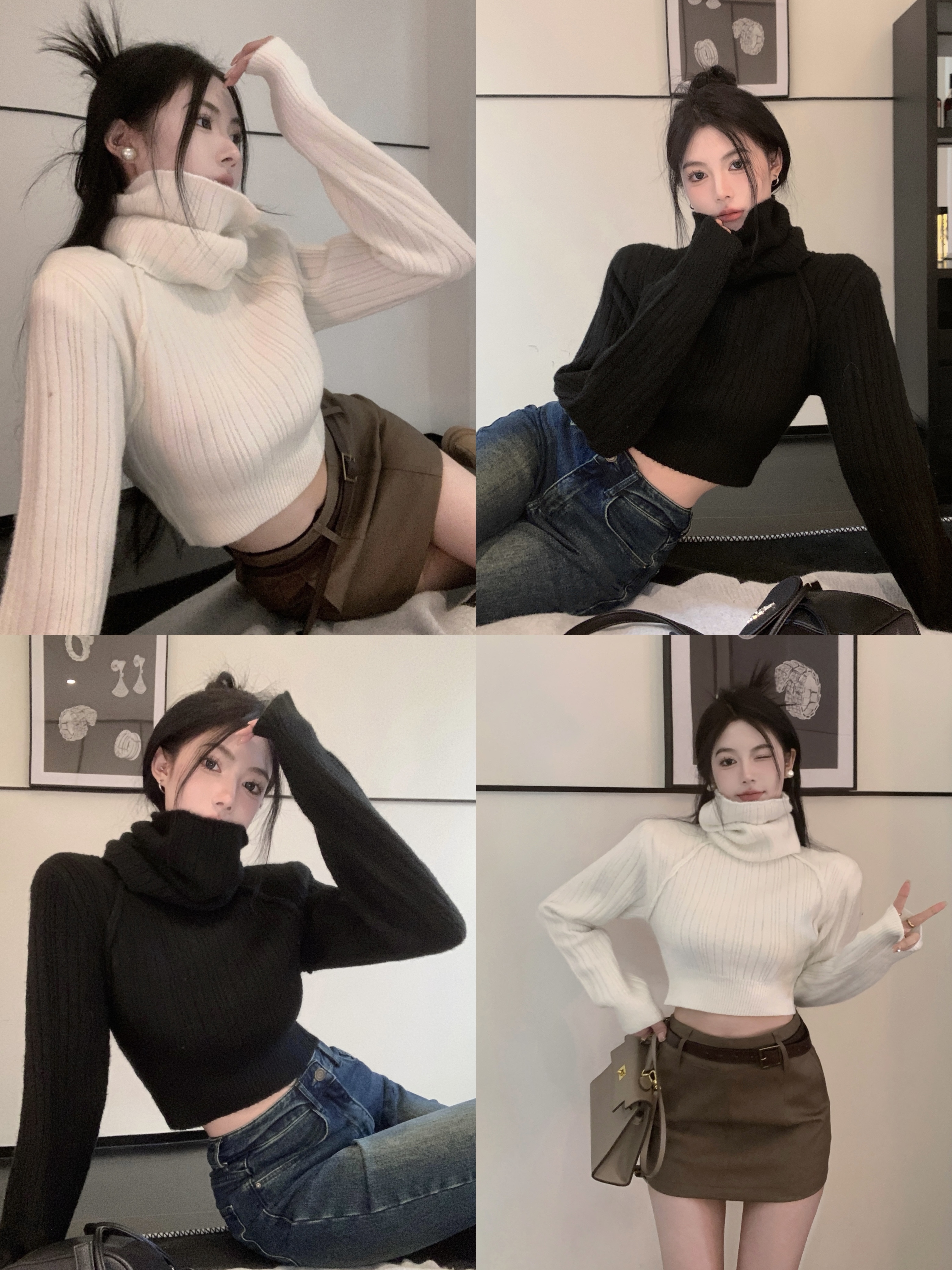 Actual shot ~ Soft glutinous turtleneck sweater for women, lazy, slim, short, bottoming knitted scarf two-piece top