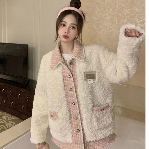 Large goods lamb wool coat women's winter  new splicing design loose long-sleeved cotton coat