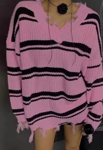 New autumn and winter Korean style retro loose V-neck raw edge fringed hole lazy style striped knitted sweater for women