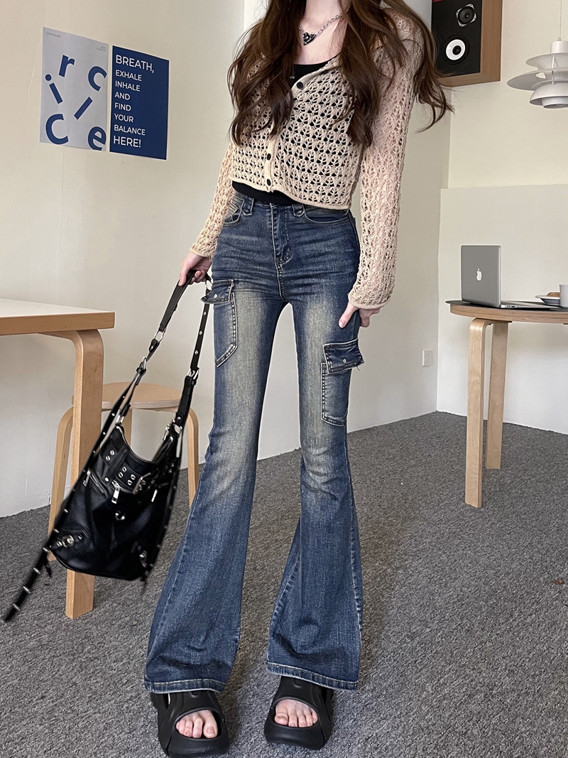 實拍#新款彈力牛仔長褲女設計感水洗大口袋微喇叭拖地褲子