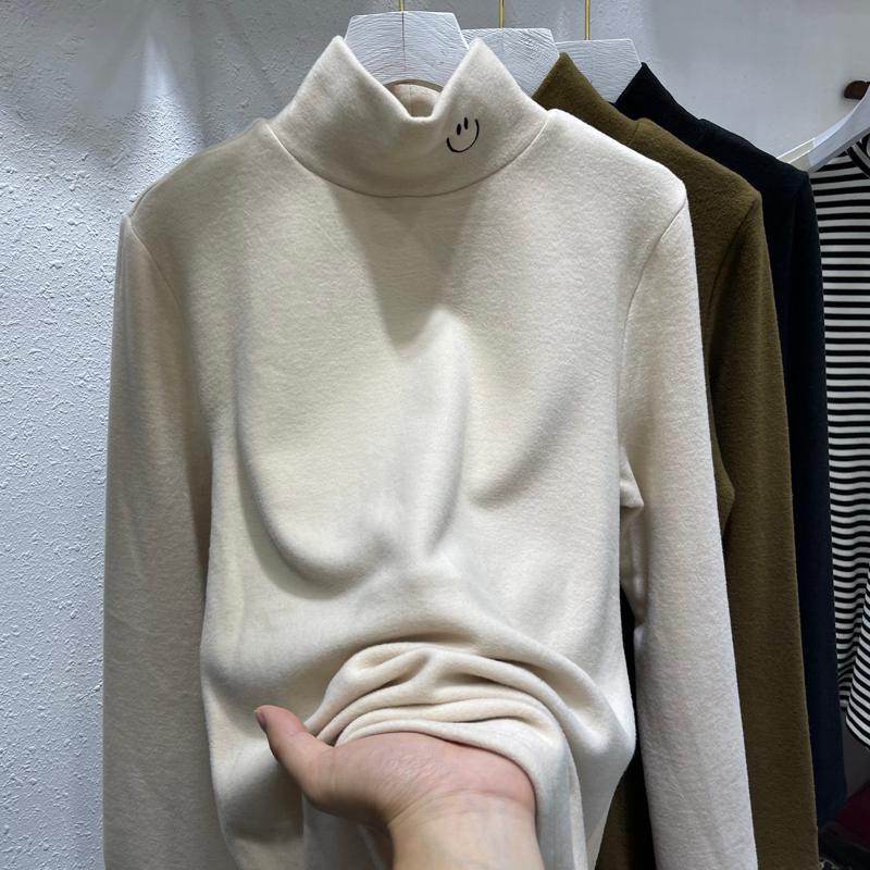 刺繡雙面磨毛半高領德絨打底衫女秋季寬鬆內搭長袖t恤洋氣上衣