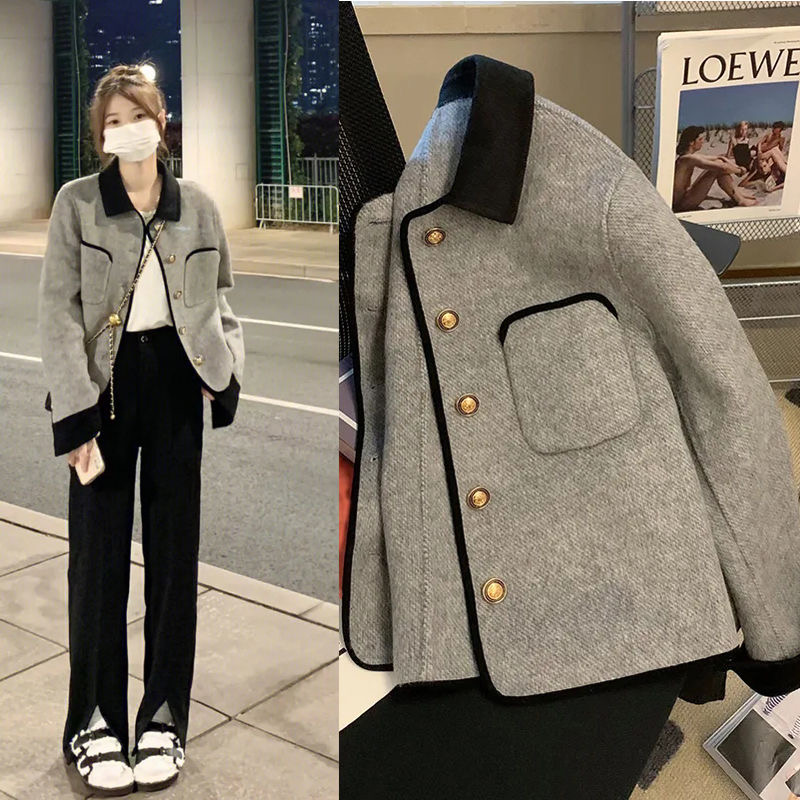 秋冬裝小香風外套大碼女端口小金扣法式遮肚子毛呢外套M-4XL200斤