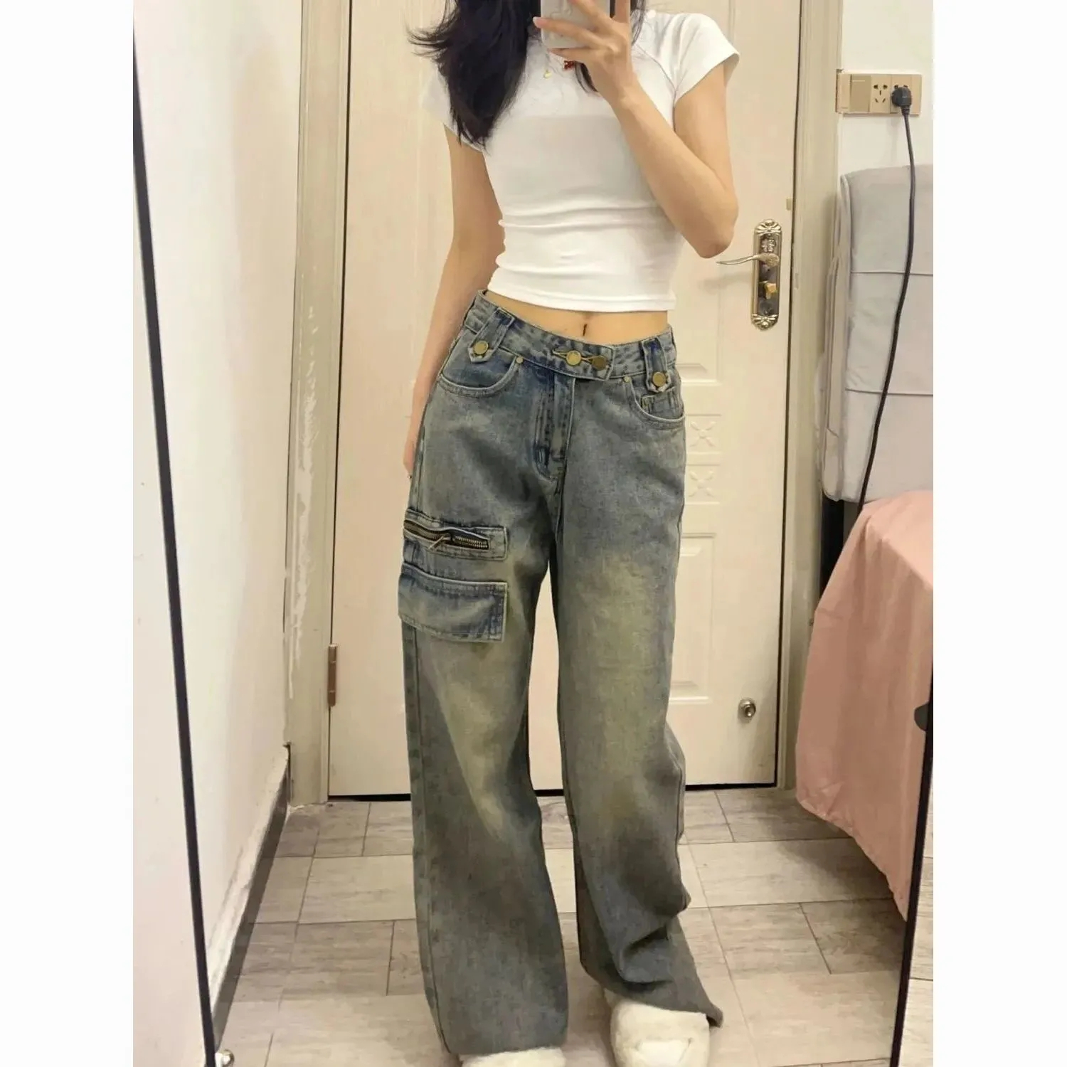 復古高腰美式高街牛仔褲女新款夏直筒寬鬆闊腿顯瘦設計感拖地褲子