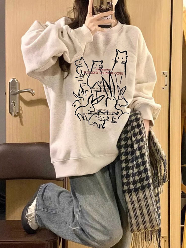 韓版休閒華棉複合薄款310克/加絨410克 秋冬裝衛衣女印花寬鬆大碼
