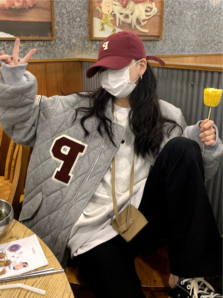 High-quality Chinese cotton woolen cloth, double-layer coat rhombus cotton coat women's autumn and winter thickened oversize