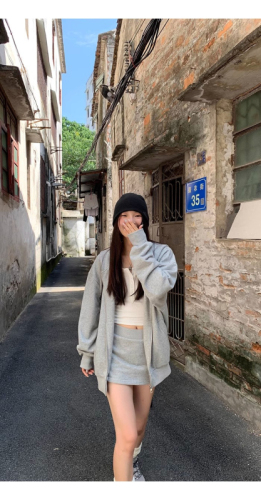 Women's Hooded Sweatshirt Autumn/Winter  New Loose Korean Style Grey Outerwear Cardigan with Fleece Versatile American Retro