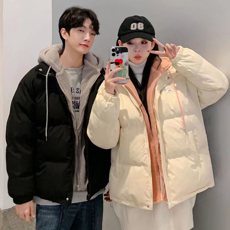 2023 new winter fake two-piece lamb wool cotton-padded jacket for women with design sense hooded couple ins student cotton-padded jacket