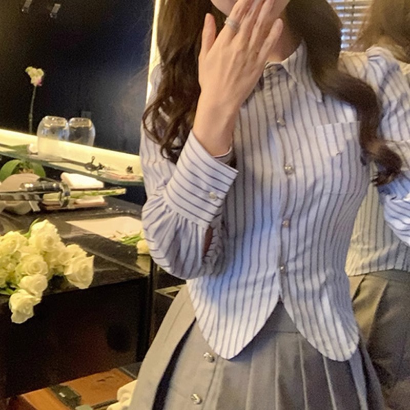 不規則藍色條紋polo領襯衫女春秋季長袖收腰襯衣修身顯瘦短款