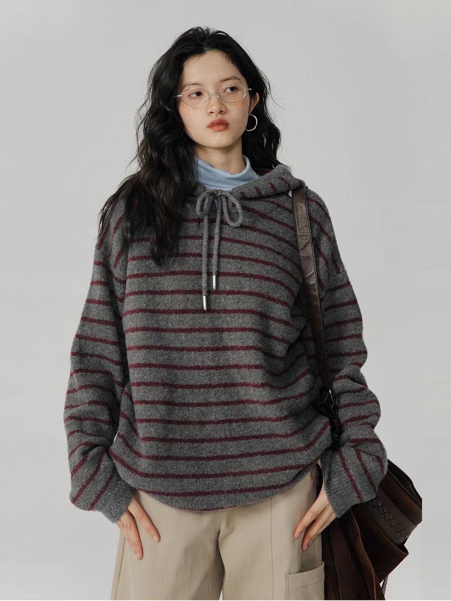 omont egg tart home hooded striped sweater women's spring and autumn 2023 new loose soft waxy knitted sweater top