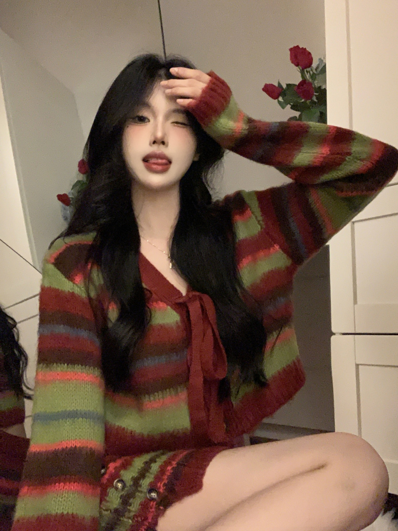 實拍 心愿彩虹 馬海毛條紋針織開衫女秋冬修身彩色毛衣套裝