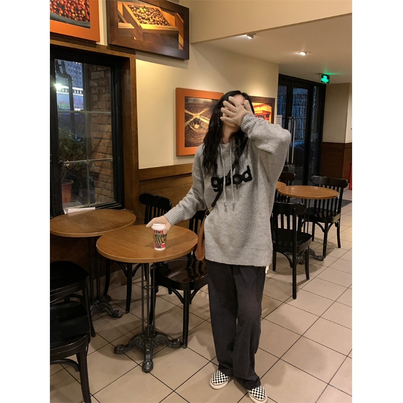 韓系溫柔風連帽毛衣女秋冬新年設計感小眾內搭可愛灰色針織衫上衣