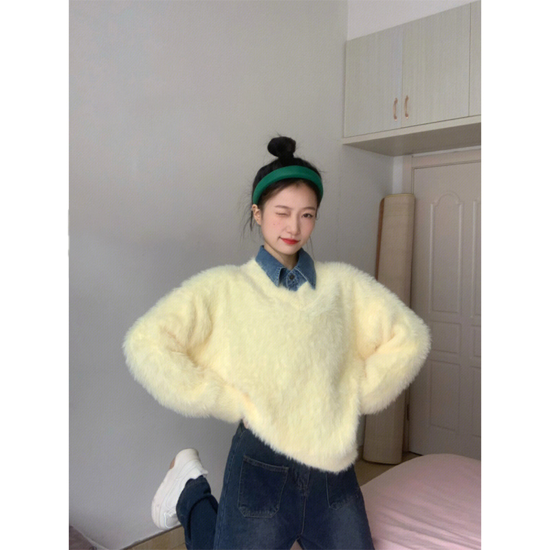 法式黃色V領毛衣女春秋冬新款溫柔軟糯寬鬆慵懶風針織衫別致上衣
