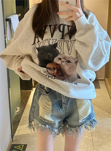 Official picture European and American high street cat print sweatshirt for women early autumn  new loose round neck mid-length top