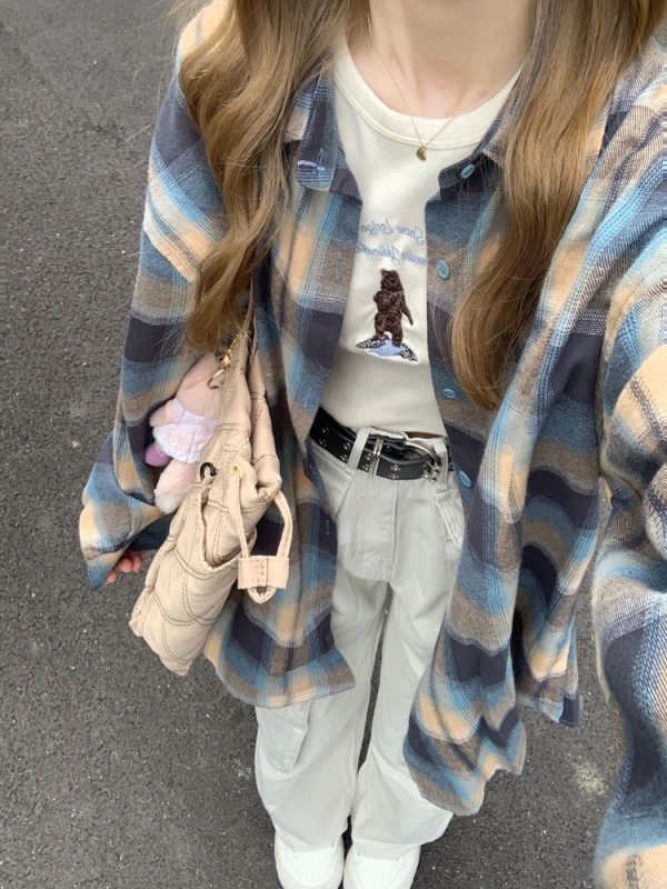 美式復古撞色格子襯衫外套女春秋2023新款高級感寬鬆長袖襯衣上衣