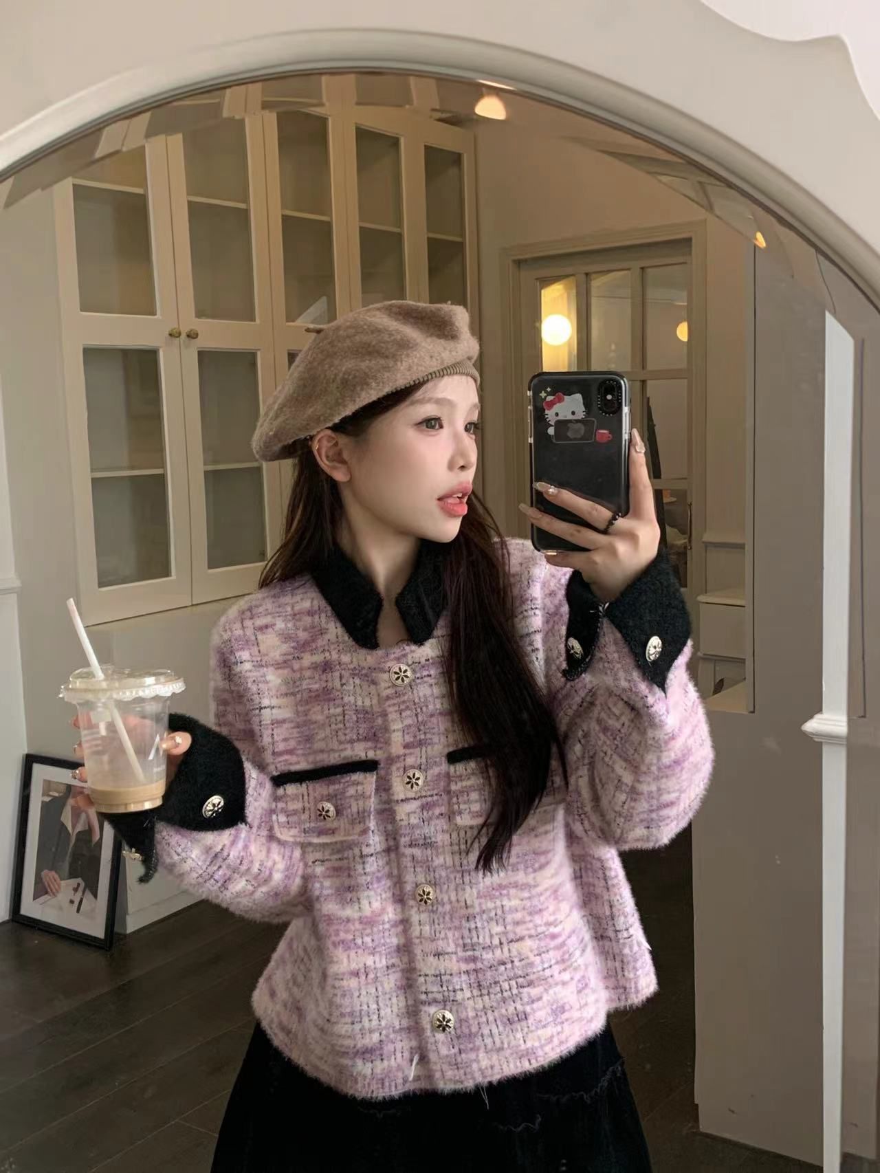 實拍小香風撞色外套女秋季新款甜美格紋寬鬆單排扣上衣