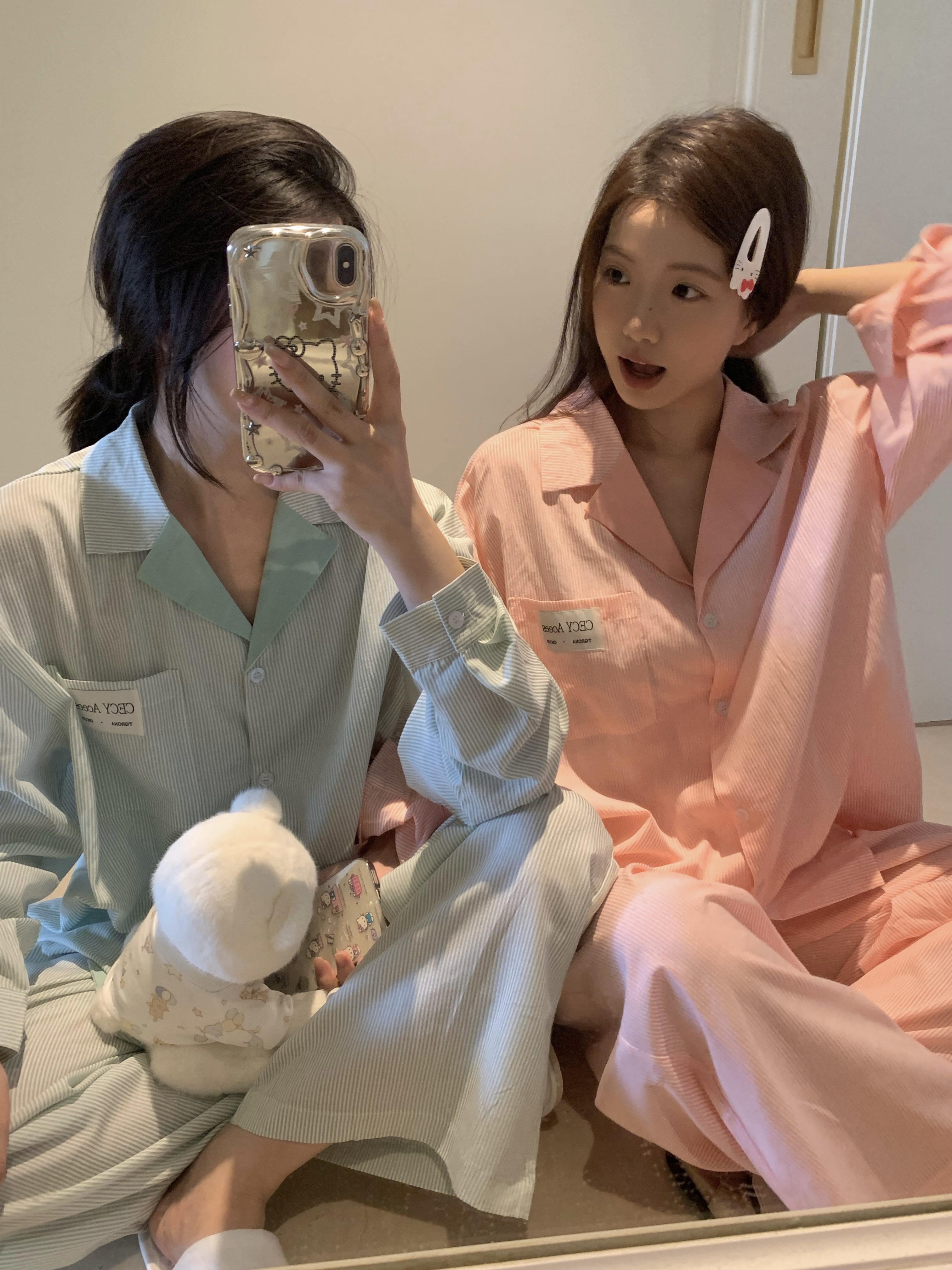 實拍~韓系少女純棉！撞色條紋V領寬鬆長袖睡衣套裝閨蜜家居服
