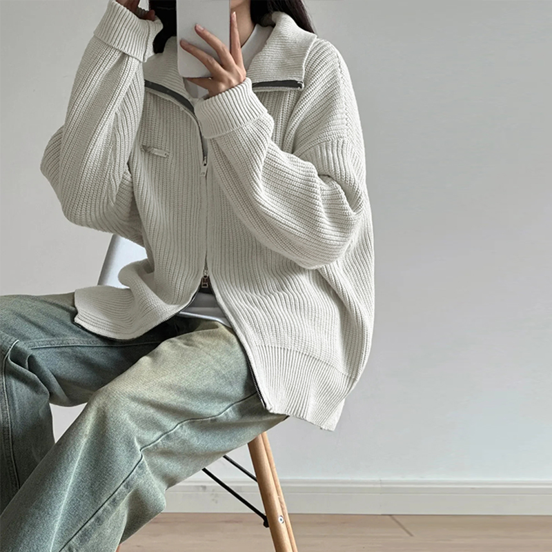 秋冬裝新款大碼女裝大板型設計感小眾慵懶風灰色針織開衫外搭毛衣