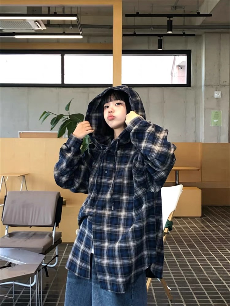 韓國學院復古街頭情侶款休閒中性連帽寬鬆磨毛格子襯衫oversize