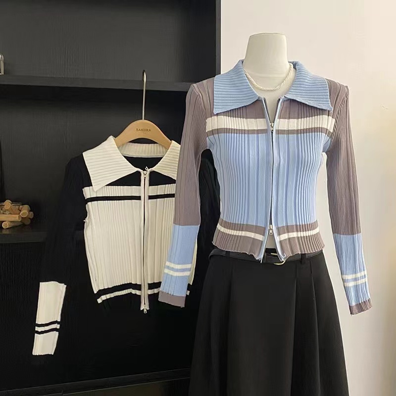 College Style Knitted Cardigan Women's 2023 Autumn and Winter Unique and Chic Short Top High-Quality Color Block Jacket Bottoming Shirt