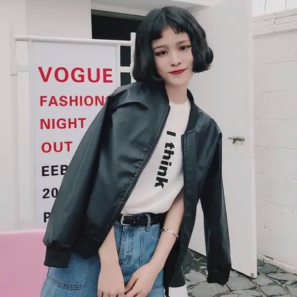 Official picture Spring and Autumn Korean Harajuku style motorcycle PU leather jacket Korean style baseball uniform short jacket for women